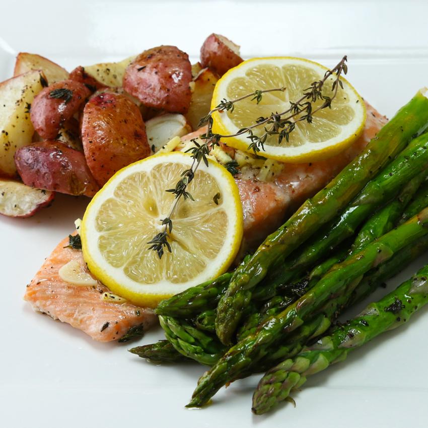 One-Pan Baked Lemon Herb Salmon with Roasted Vegetables | Addons - mooSocial
